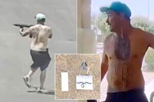 Read more about the article Terrifying moment shirtless gunman armed with AR-15 stalks suburban neighborhood firing random shots