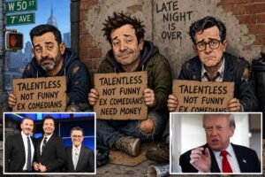 Read more about the article Trump mocks Kimmel, Fallon, Colbert with cartoon of comedians begging for money as he ramps up late-night criticism