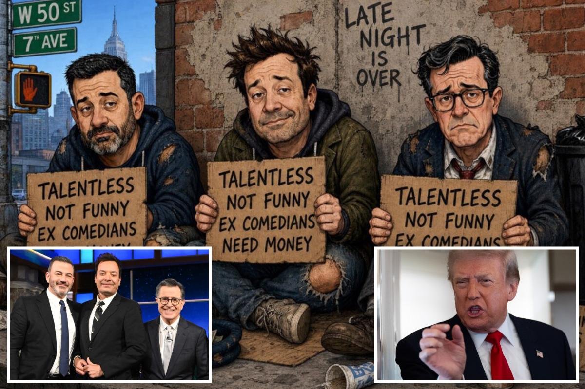 You are currently viewing Trump mocks Kimmel, Fallon, Colbert with cartoon of comedians begging for money as he ramps up late-night criticism