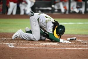 Read more about the article A’s infielder Joshua Kuroda-Grauer gets surgery for ruptured testicle after brutal foul tip