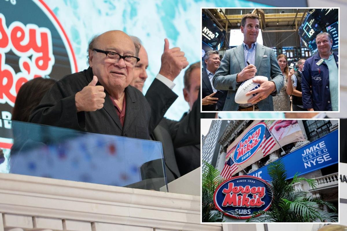 You are currently viewing Jersey Mike’sÂ shares fall in hyped NYSE debut as Danny DeVito, Eli Manning ring opening bell