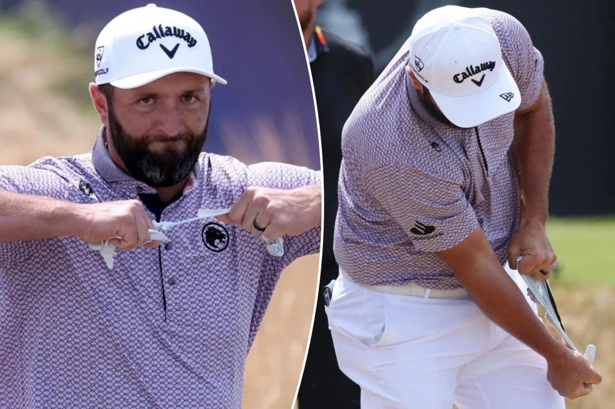Read more about the article Jon Rahm tears glove apart after hitting first shot out of bounds again in British Open meltdown