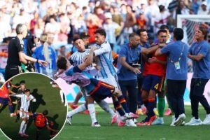 Read more about the article Punches thrown as wild brawl breaks out after final World Cup whistle