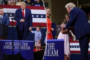 Read more about the article Trump holds hands with toddler and mocks ‘Pee-wee’ Jon Ossoff at Georgia Trump Accounts rally