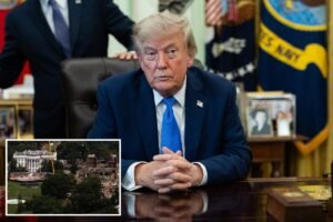 Read more about the article Trump posts image of fortified ‘drone port’ atop White House ballroom in rebuke to judges