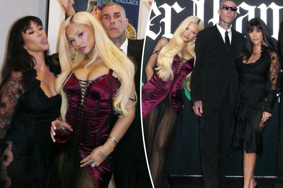 Read more about the article Kourtney Kardashian and Alabama Barker channel Addams Family vibes in corseted satin and lace