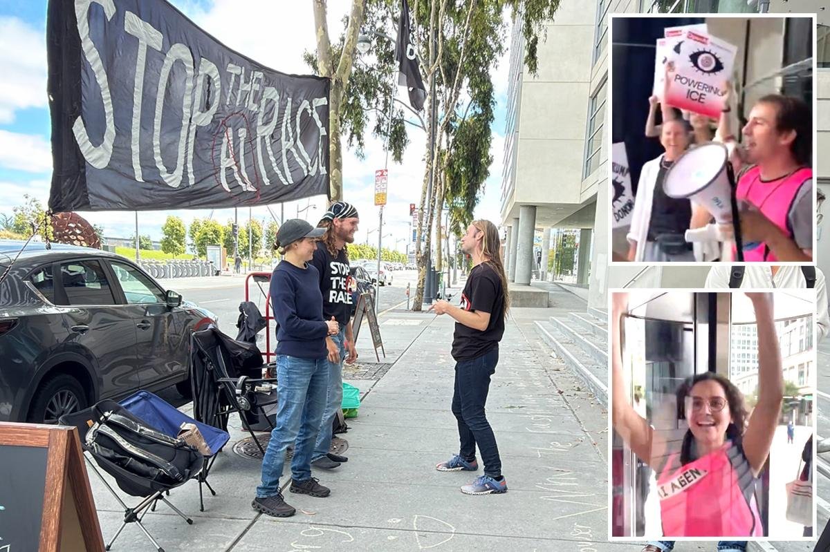 You are currently viewing Awkward moment nerdy demonstrators prance around AI offices in cringeworthy protest