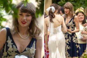 Read more about the article Taylor Swift exudes elegance in navy tulle gown and pearls at Laura Sisk and Oli Jacobs’ wedding