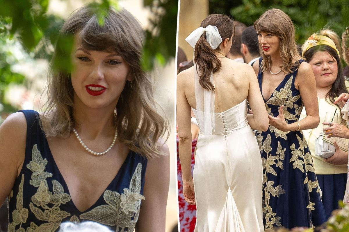 You are currently viewing Taylor Swift exudes elegance in navy tulle gown and pearls at Laura Sisk and Oli Jacobs’ wedding