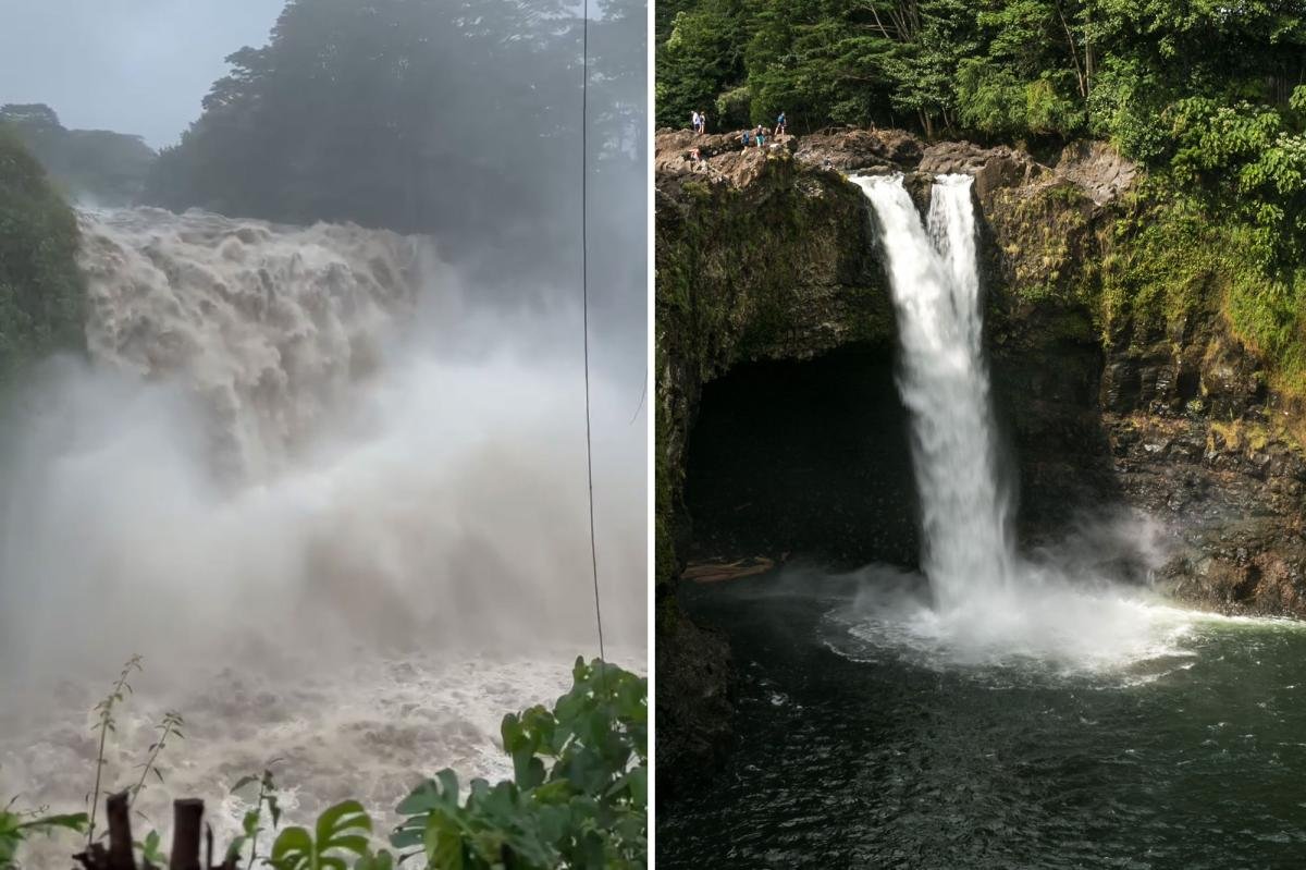 You are currently viewing Hawaii waterfall’s dramatic boom captured in wild before and after footage following hurricane