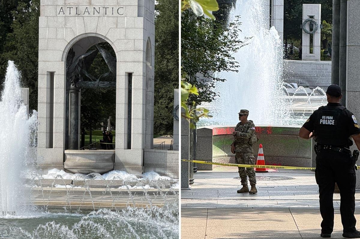 You are currently viewing Vandals deface World War II memorial fountain with bubble soap, red graffiti in ‘deranged’ attack on DC landmark