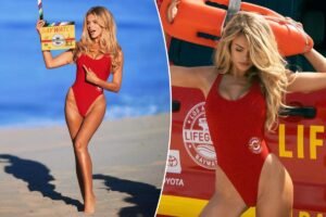 Read more about the article Brooks Nader sizzles in iconic red swimsuit as she shares behind the scenes snaps from ‘Baywatch’ reboot set
